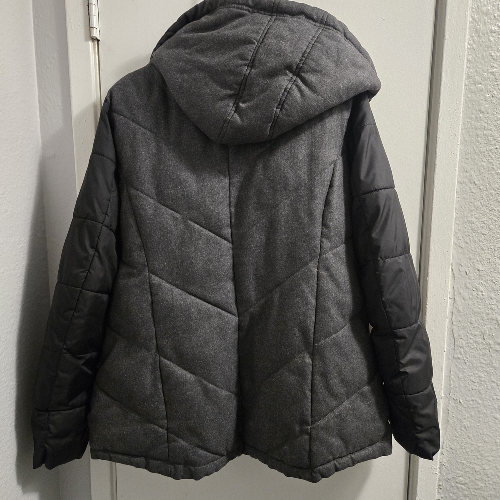 Metaphor Womens XL Puffer Jacket Gray Herringbone Mixed Media Quilted Hooded Par - Picture 4 of 9